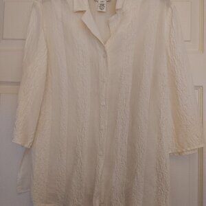Rena Rowan Cream 3/4 Sleeve Crinkled 100% Silk Button Down Shirt Size 12